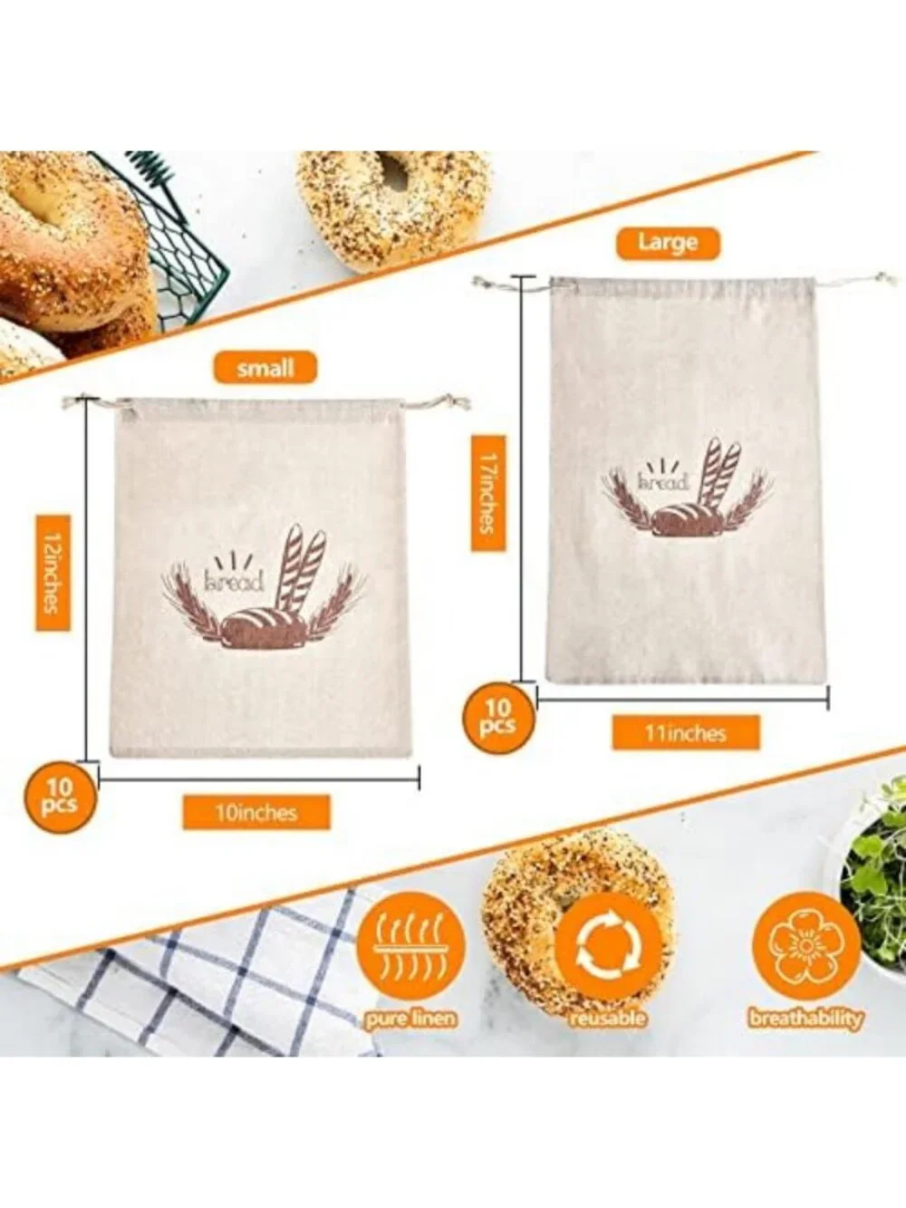 20 Pcs Reusable Linen Bread Bags - 2 Sizes for Homemade Baking & Food Storage